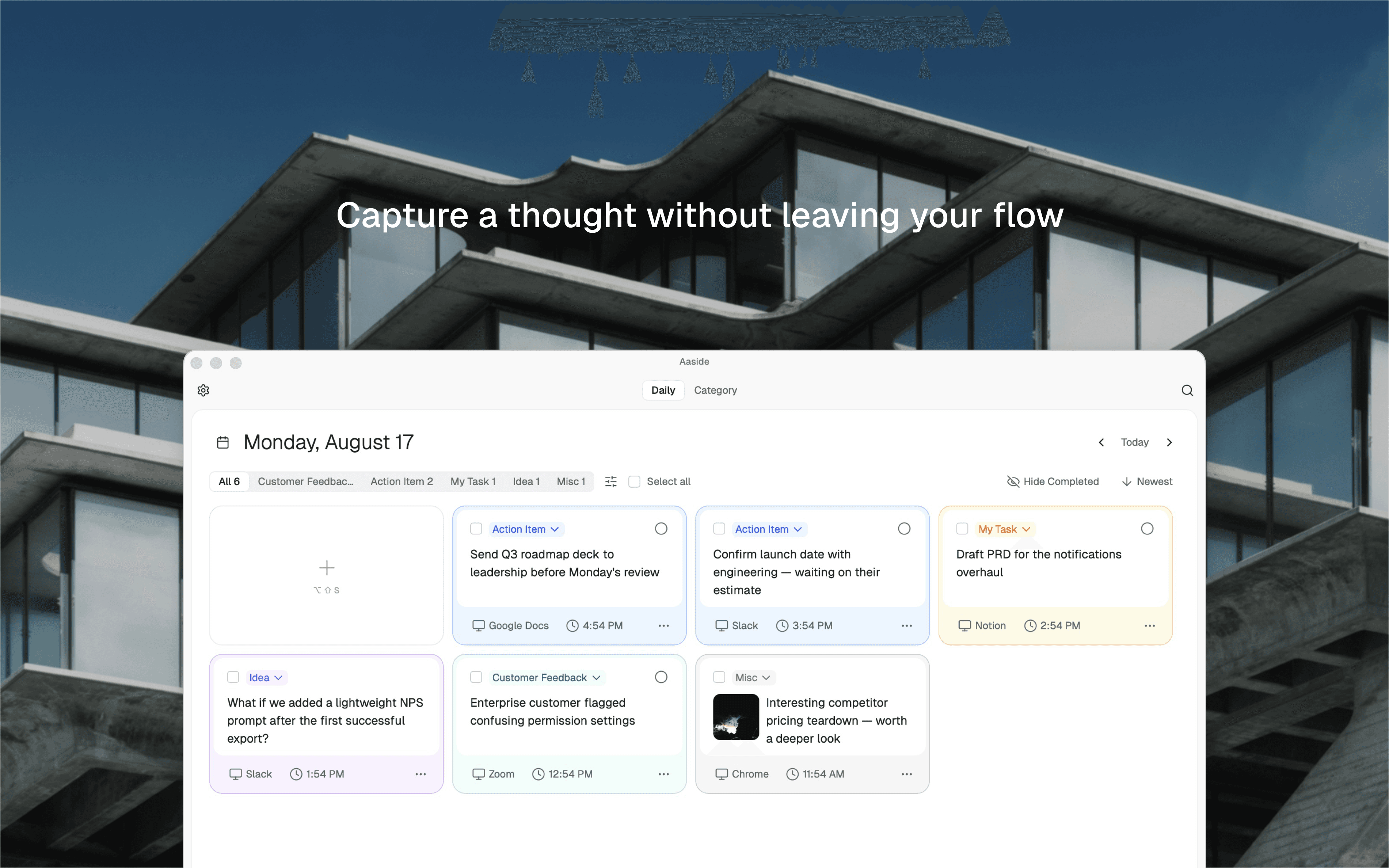 Aaside daily notes dashboard shown in context while working in another app