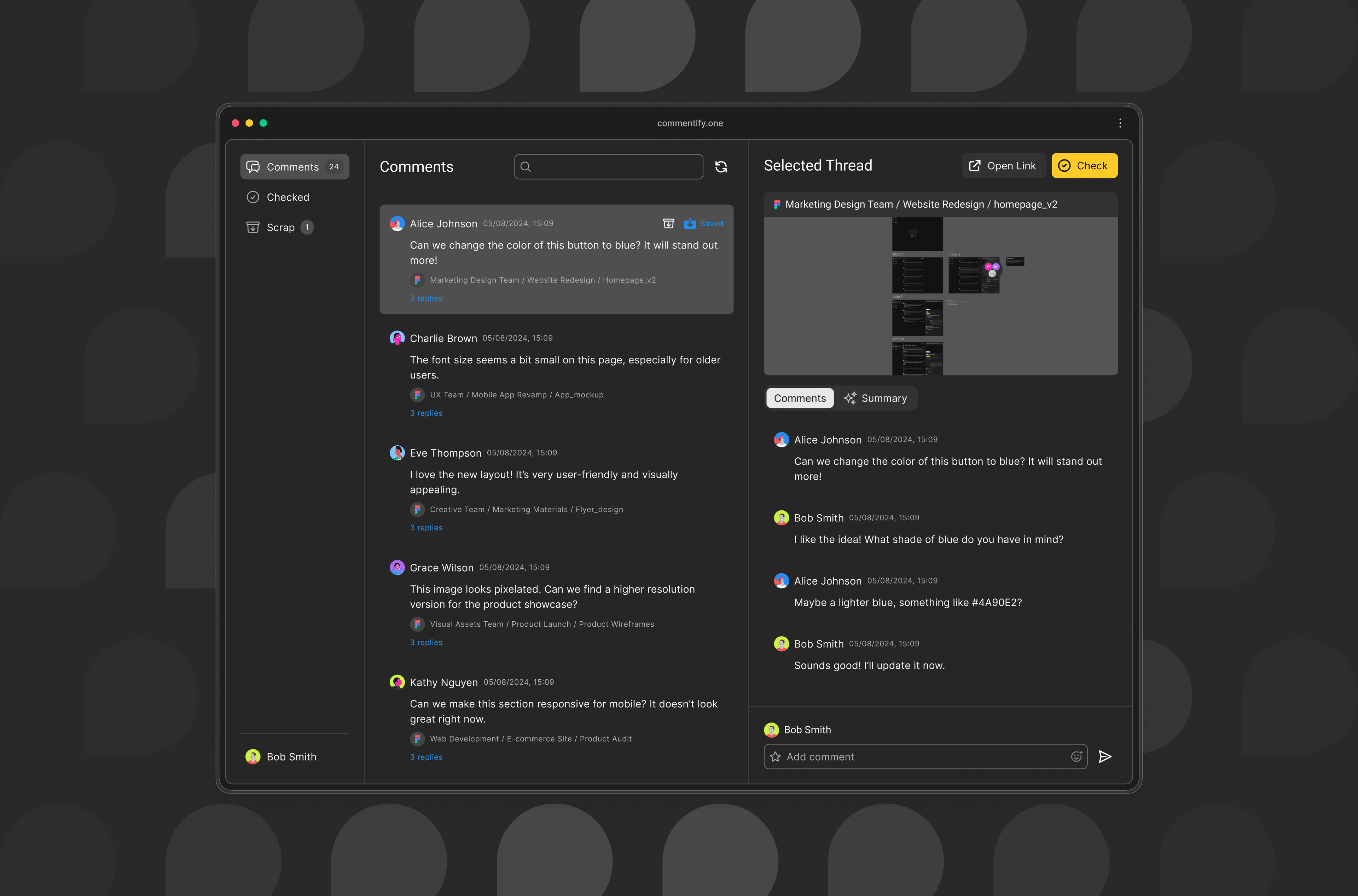 Commentify dashboard showing comments, a selected thread, and task actions