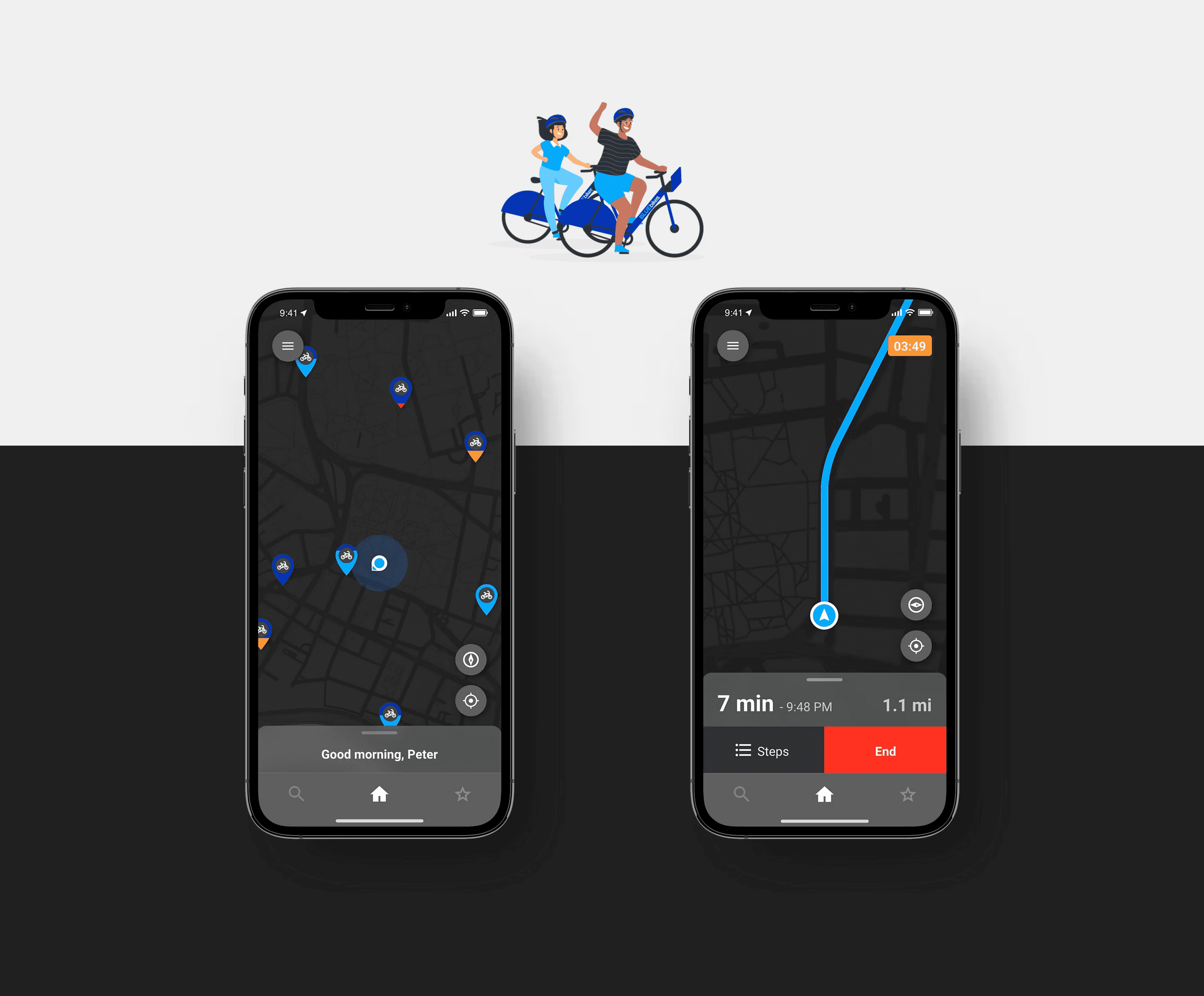 Blue Bikes dark mode interface
