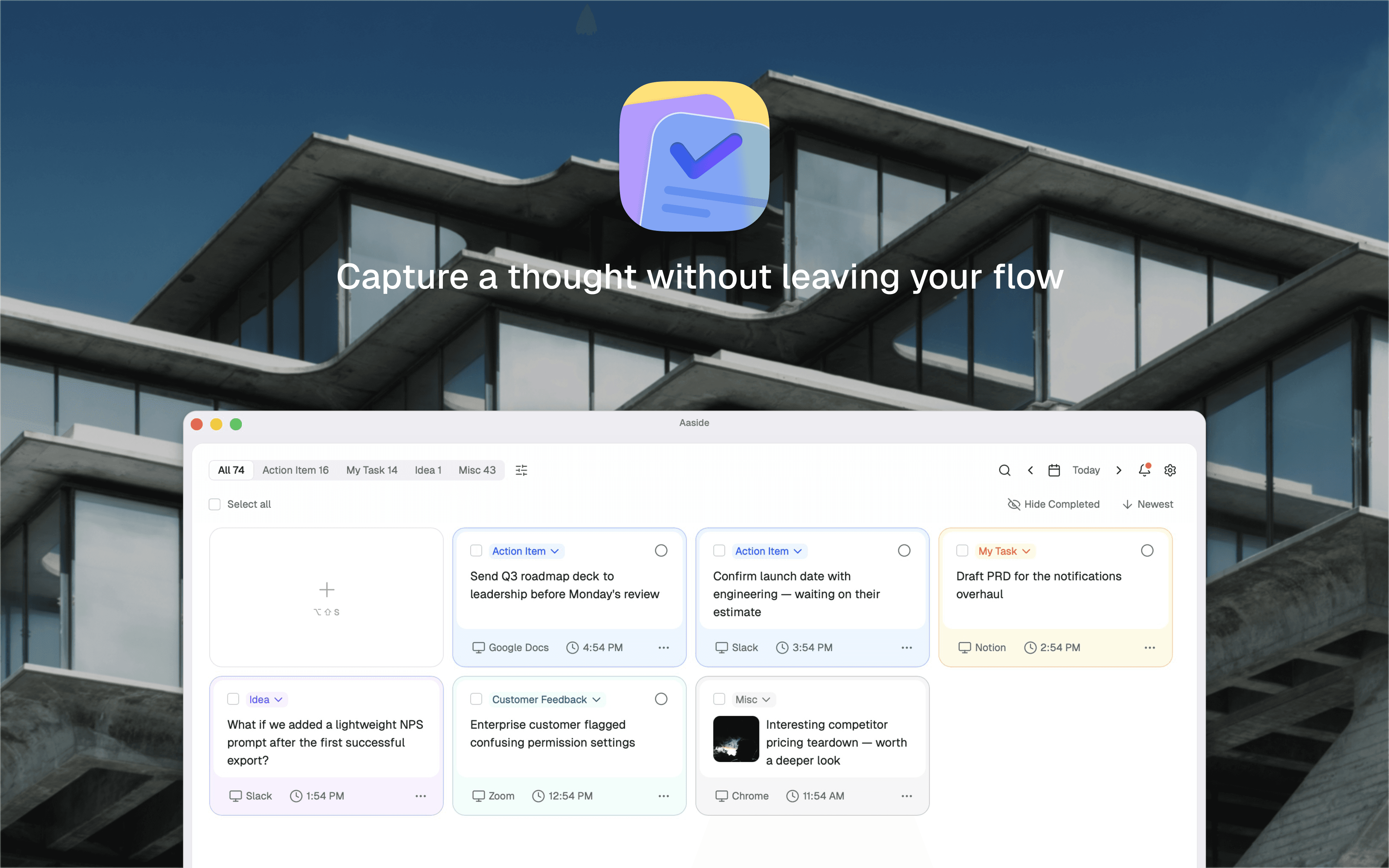 Aaside daily notes dashboard shown in context while working in another app