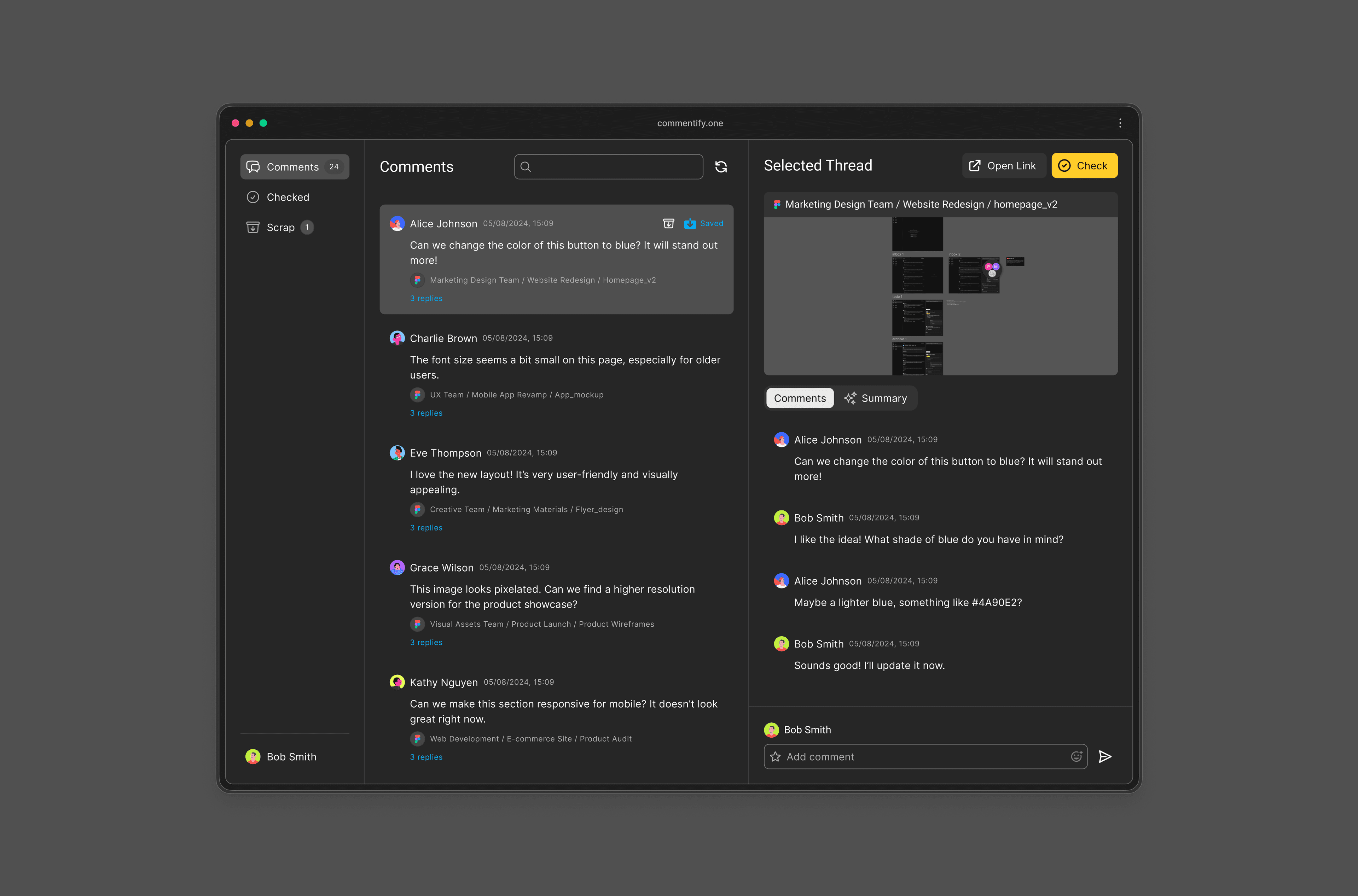 Commentify dashboard showing comments, a selected thread, and task actions