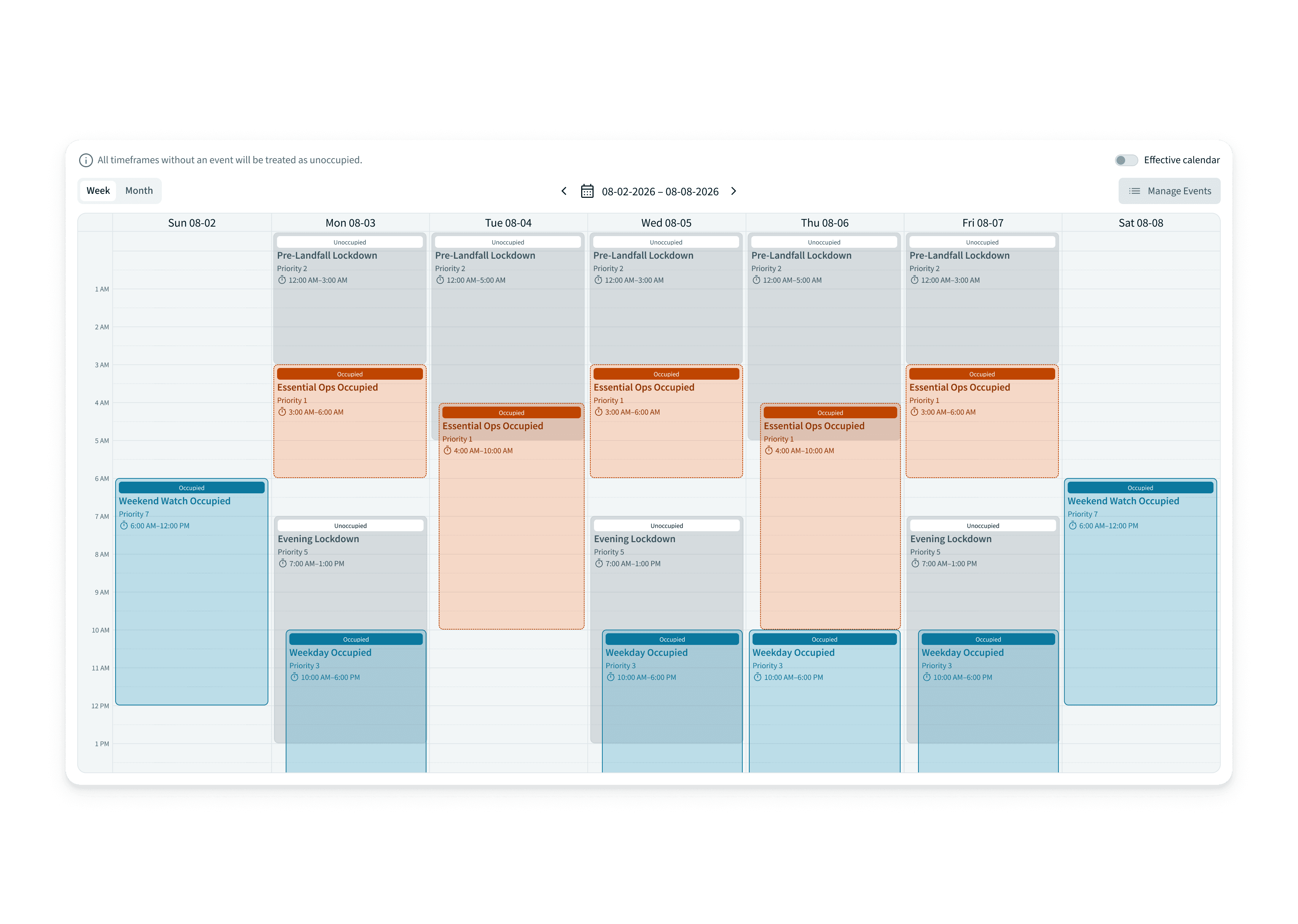 Occupied and unoccupied schedule calendar