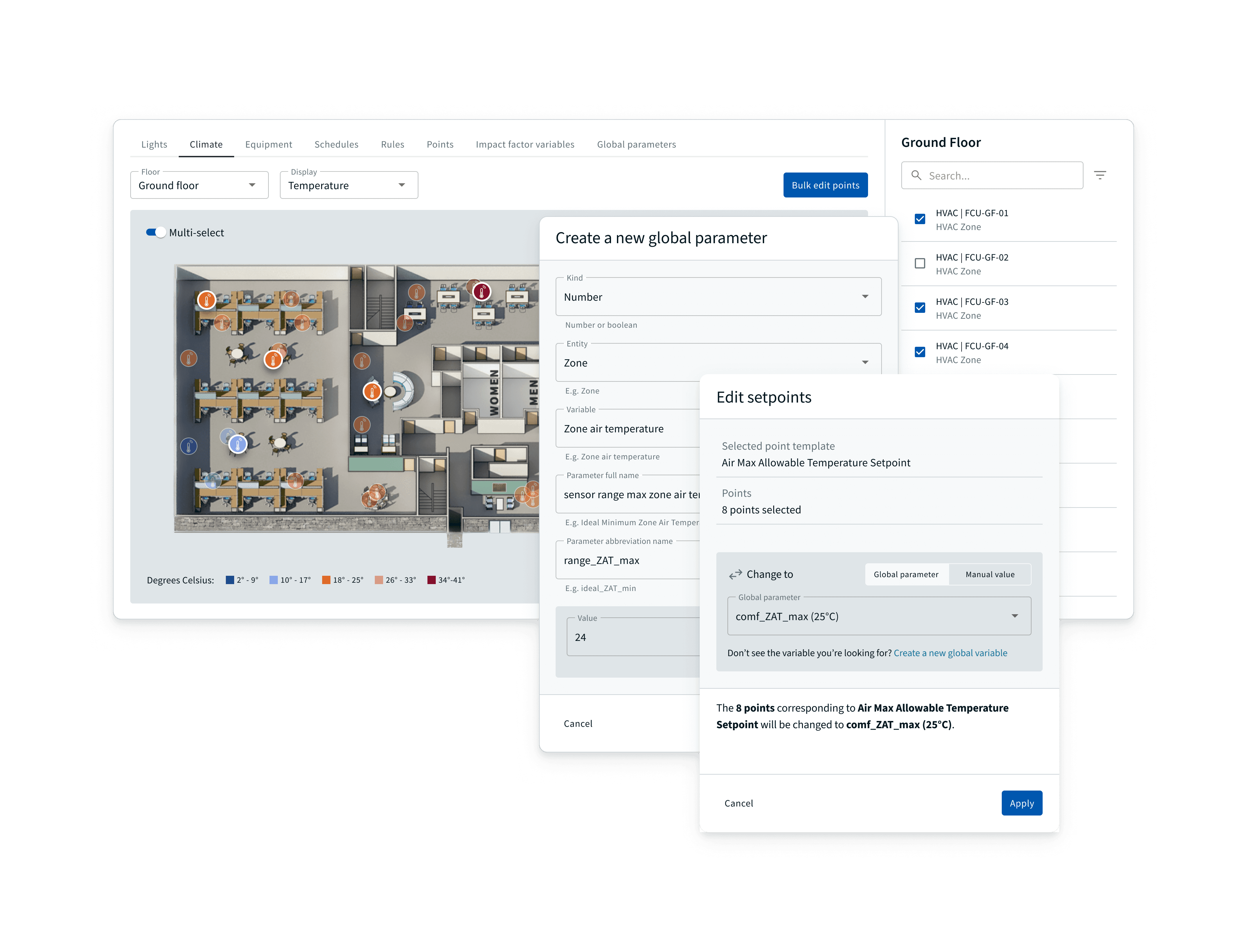 Bulk setpoint editing on a floor plan